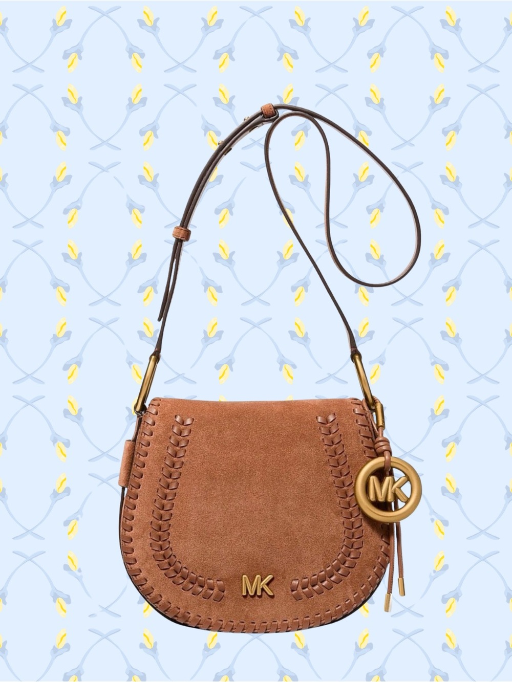 Michael Kors Brown Suede Crossbody Saddle Bag with Whipstitch Trim Gold MK NWT